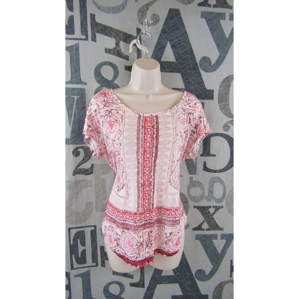 Lucky Brand Pink/Red BOHO Floral Shirttail Knit Top Women L Linen Blend Stretch